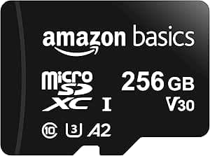 Amazon Basics 256GB microSDXC Memory Card with Full Size Adapter, 100MB/s, U3