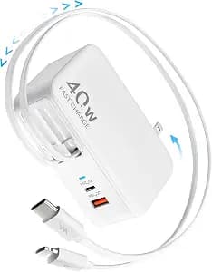 Retractable USB C Charger Wall Plug with 35.5in/90cm Type C Cables Cords,40W Fast Charging Foldable Block Multi Charger for All Devices for iPhone 17/16/15/14/13/12,iPad,Galaxy,Pixel