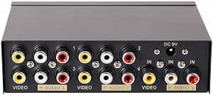 DTECH Powered 4 Way 3 RCA Splitter Box 1 in 4 Out Composite Video Audio Distribution Duplicator with Power Adapter Compatible with Gaming Console to TV Projector Video Capture Card