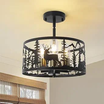 Sloped Rustic Semi Flush Mount Ceiling Light Fixture,3-Light Round E26 Base Black Metal Fixtures with Deer and Bear Design,Industrial Farmhouse Chandelier for Dining Room,Kitchen,Hallway,Bedroom