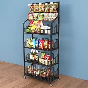 Retail Snack Display Stand, 4-Tier Retail Display Shelves, Candy Display Shelf Cart with Wheels & Hooks, Metal Snack Rack Organizer for Pantry, Kitchen, Supermarket, Store, Home