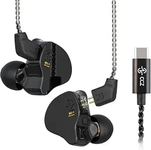 CCZ Melody USB C Headphones Wired Type-C in Ear Monitor, Professional USB C Wired Earbuds Gaming Earphones with 1BA 1DD Patent Ear fins Ear tips for Singers Musicians (Dark Black, USBC-Without Mic)