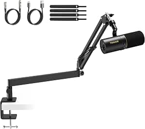 TONOR Dynamic Microphone with XLR/USB Cable, Micro PC with Mute Button, Vocal Mic Vocal Microphone for Podcast, Streaming, Gaming, Studio and Recording, with Low Profile Microphone Boom, Black, TD510+