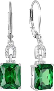 Emerald Cut Earrings 925 Sterling Silver Baguette Birthstone Dangle Drop Leverback Earrings Jewelry Gifts for Women