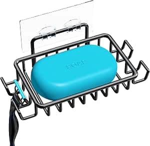 Nieifi Soap Dish Holder with 4 Hooks Stainless Steel Black Adhesive for Shower,Bathroom