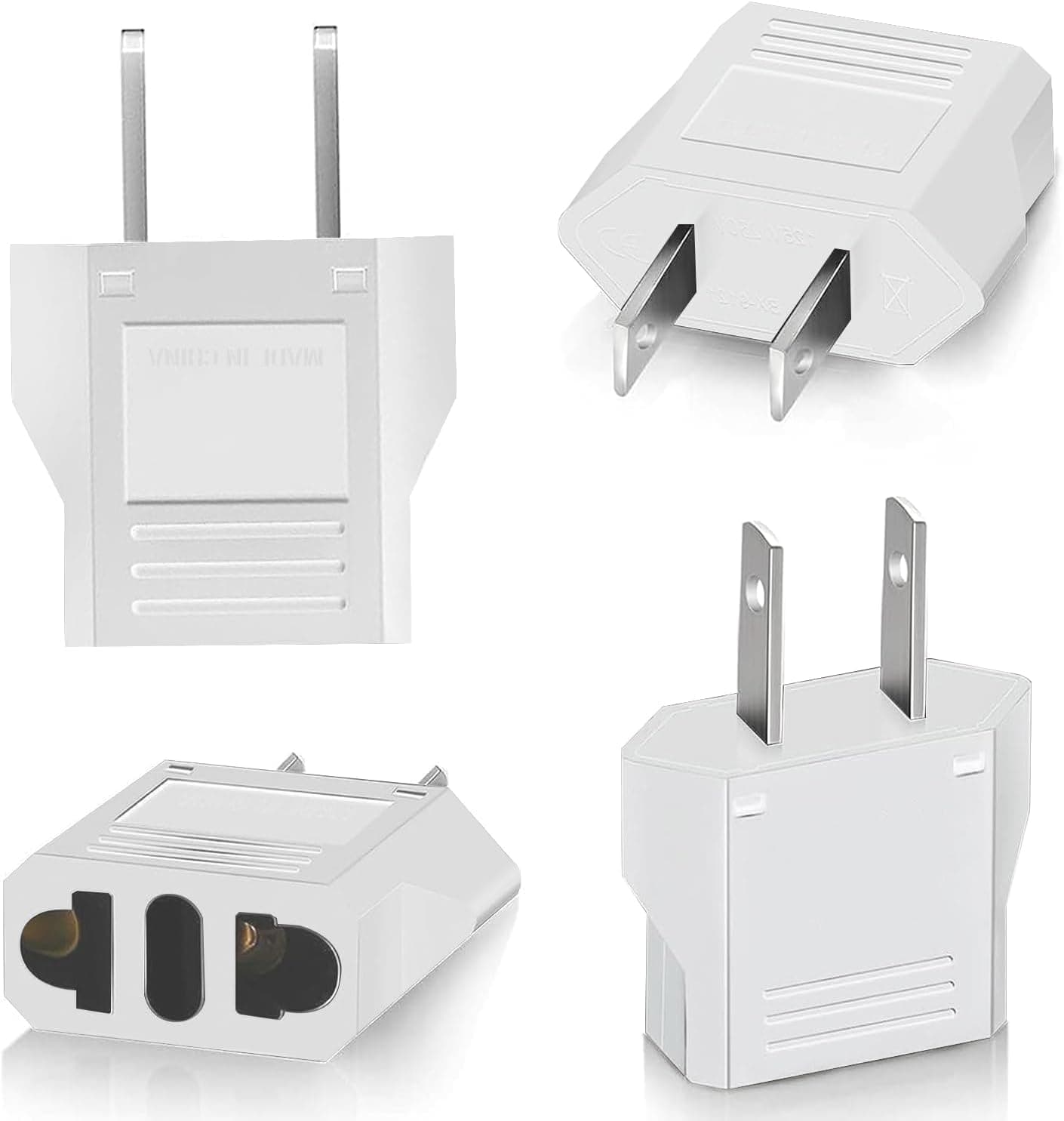 Pack of 4 Travel Adapters, USA Germany Plug, US Adapter Socket Type A, EU to US Adapter, Socket Adapter, Travel Plug Power Adapter for America/Canada/Mexico/Japan, White