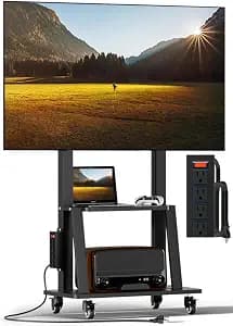 Mobile TV Cart with Power Outlet, Rolling TV Stand on Wheels for 32-75 inch Television, Mobile TV Stand Height Adjustable,15° Adjustable Viewing Angle,Max 130LBS, Vesa max 600×400
