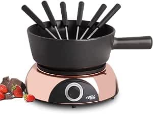 Artestia Electric Ceramic Fondue Set with 6 Fondue Forks (Rose Gold Color Base/Black Ceramic Pot)