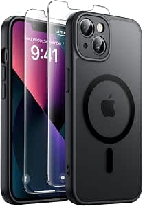 FLLAO iPhone 13 Case with 2 Tempered Glass, Compatible with Mag Safe, Translucent Matte Slim Shockproof Case, Hard PC Back Cover Anti-Scratch + TPU Bumper Shockproof, Black