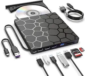External CD DVD Drive,8 in 1 USB 3.0 and Type-C Disc Reader Writer Burner Player,Slim and Portable CD DVD +/-RW Optical Drive for PC Laptop Desktop MacBook Mac Windows Linux OS Apple