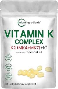 Micro Ingredients Super Vitamin K Complex (K2 MK7 + MK4 & K1), 360 Coconut Oil Softgles | Easily Absorbed K Vitamins, Active Menaquinone Complex | Immune, Joint, & Heart Support | Non-GMO