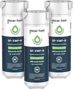 GLACIER FRESH XWFE (Built-in CHIP) Refrigerator Water Filter Pack of 3 | Replacement for GE XWFE, XWF Refrigerator Water Filter NSF/ANSI 42 Certification