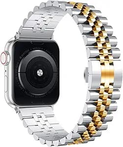 Wolait Compatible with Apple Watch Ultra 3/Ultra 2 Band 49mm 46mm 45mm 44mm 42mm,Stainless Steel Heavy iWatch Band with Butterfly Folding Clasp Link Bracelet for Series 11-1/SE3/2/Men,Silver/Gold