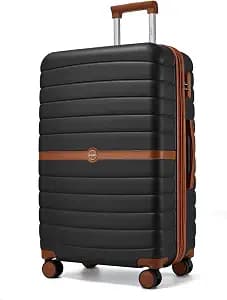 Kono Expandable 28 Inch Luggage with Spinner Wheels, Large Checked Luggage with Lock, Lightweight & Anti-Scratch PC+ABS Hardshell Travel Suitcase, Black/Brown
