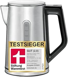 ROMMELSBACHER Kettle WK 3000 – Stiftung Warentest Sieger 3/2025, 1.7 litres, 1-button control, set start function, temperature selection from 45-100 °C, closed pot base, automatic boiling stop