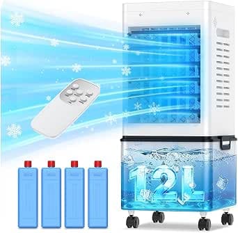 Portable Air Conditioners 45W, 3-side Air Intake 6 Mode Mobile Air Conditioner 12L Water Tank 24H Timer 60°/120° Oscillation Bladeless Remote Control Remote Control 4 Ice Box for Home, RV