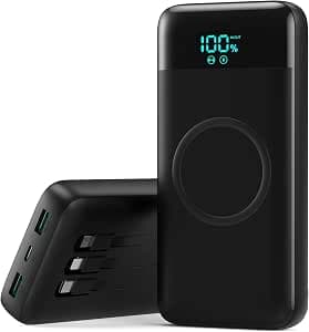 Wireless Power Bank 26800 mAh with 3 Cables, 7-in-1 Portable Charger, Wireless, Fast Charging 25W PD3.0 + QC4.0, LCD Display, External Batteries, 6 Outputs, Compatible with iPhone17/16/15/14 Huawei