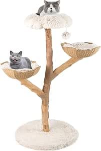 GOPLUS Wooden Cat Scratching Post 122 cm with 2 Rattan Baskets, Natural Jute Scratching Post, Petal Shaped Seat Platform, Plush Ball & Extended Base, Climbing Tree for Cats, Indoor Cat Furniture