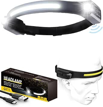LED Head Torch Rechargeable, 2 Spot 1200LM Headtorch with Motion Sensor Control, 230° Wide COB Headlamp, 5 Lighting Modes, IPX4 Waterproof Headband Flashlight for Hiking, Running, Camping, 1 Pack