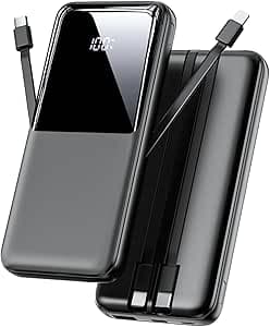 Power Bank 26800 mAh, Portable Charger with 3 Ports and 2 Integrated Cables, USB C Quick Charge Power Bank, External Battery Compatible with iPhone 17 16 15 14 13 Android, Black