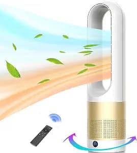 Bladeless Heater and Fan Combo, 1400 Watt Heater Fan and 40 Watt Cold Fan, 80° Oscillating Fan, All the Season Use, Remote and Touch Control, Floor Tower fan, Office Room, Bedroom, Silver Gold