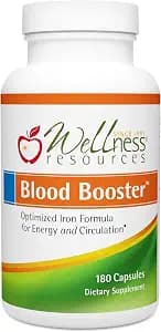 Blood Booster Iron Supplement for Energy and Fatigue - Gentle, Non-constipating Iron, Methylfolate and Other coenzyme B Vitamins (180 caps - Vegan, Gluten Free, Non-GMO)