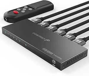 Fosmon 5-Port HDMI 8K Switch with Remote, Support 8K@60Hz 4K@120Hz HDR10+ HDCP 2.3 High Speed 48Gbps 5 in 1 Out Auto-Switching 5x1 HDMI 2.1 Switcher Splitter Hub Compatible with PS5, Xbox X, Apple TV