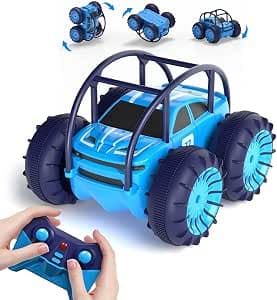 MaxTronic Amphibious Remote Controlled Car, USB-C Direct Charging, Waterproof 4WD 15 km/h 2.4G RC Car, No Battery Changing! 360° Stunt LED Light, Gift Boys Girls Toy for Children 3-12 Years