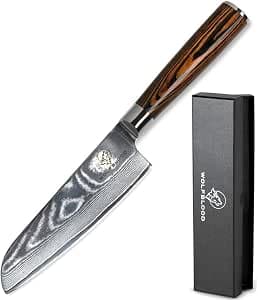 Wolfblood Santoku Kitchen Knife (24 cm), Damascus Knife - 67 Layers Damascus Steel - With Real Wood Handle - Professional Knife with Gift Box - Utility Knife - Chef's Knife - Office Knife