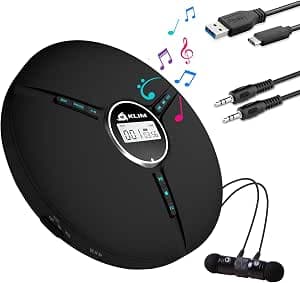 KLIM Discman Portable CD Player with Headphones, Built-in Battery - New Version - CD Players for Home, Car - Compatible w/SD Card, CD-R, CD-RW, MP3, WMA - 5 EQ Effects - Black