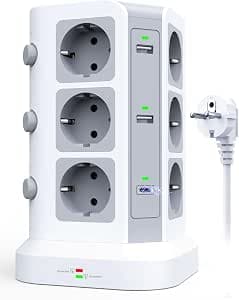 2 Ports [20W USB C] KOOSLA Tower Power Strip Surge Arrester with USB C Supporting QC/PD3.0 and 4 USB A, 12 Power Socket with 3 Switches for Office and Home, 2 m, White