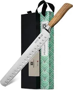 Mitsuharu 10.75" Slicing Knife, SHOMAN Series Brisket Knife for Meat Cutting with Ergonomic Olive Wood Handle, German Steel Meat Carving Knife for BBQ Brisket Turkey Ribs Roast Beef with Case