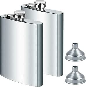 2 X stainless steel hip flask & funnel 8 oz., 227 ml, suitable for carrying alcohol