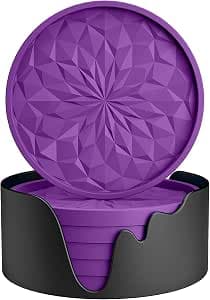 ME.FAN Silicone Coasters [6 Pack] Coasters with Holder - Drinking Coasters - Cup Mat for Drinks - Live for Hot or Cold Drink Thickened, Non-Slip, Non-Stick, Deep Tray Deep Purple