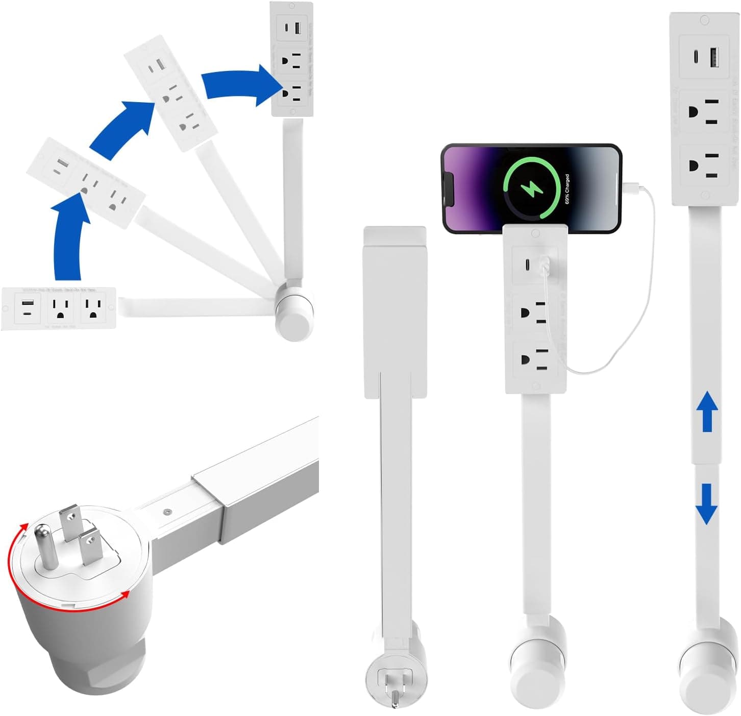Electrical Outlet Extender Features USB-A, USB-C, and 2 AC Electrical Outlet Extender Stick for Hard to Reach Spaces Extends 22"-27", Rotates 180°. Use Behind Couches, Nightstands, Desks, and More