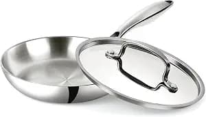 Stainless Steel 8 Inch Frying Pan, Tri-ply Clad Base Non-toxic Skillets with Stainless Steel Lid, Fast and Even Heating Stay Cool Handles Induction Dishwasher & Oven Safe PFOA Free Cookware
