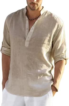 COOFANDY Men's Cotton Linen Henley T-Shirt Long Sleeve Hippie Casual Beach T-Shirts