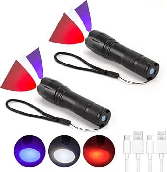 2 Pack LED Rechargeable Red Flashlight, LED Small 395 NM Black Flashlight with Memory Function, Super Bright Zoomable Red Light Black Lights Flashlights with USB C Charging for Camping Hiking Home