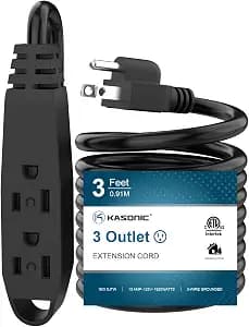 K KASONIC - 3-Feet 3 Outlet Extension Cord, UL Listed, 16/3 SJTW 3-Wire Grounded, 13 Amp 125 V 1625 Watts, Multi-Outlet Indoor/Outdoor Use, Black