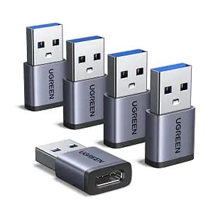 UGREEN USB to USB C Adapter 5 Pack, 10Gbps USBC Female to A Male Adapter, Type C USB C Cable Converter for iPhone 17 16 15 14 13 Plus Pro Max,iPad Air Mini 6 7,Samsung Galaxy S23 S24,iPad Air