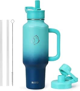 BUZIO Insulated Mug with Handle and Straw for Car, Double Wall Stainless Steel Vacuum Travel Mug, Keeps Cold for 48 Hours and Hot for 24 Hours, Caribbean Blue