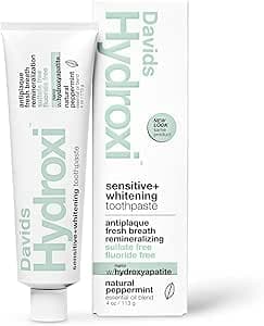 Davids Hydroxi Fluoride Free Nano Hydroxyapatite Toothpaste for Remineralizing, Sensitive Support, Whitening, Antiplaque, SLS Free, Natural Peppermint, 4oz, Made in USA
