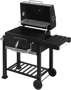 WOLTU Charcoal Barbecue, Barbecue Trolley on Wheels, with Lid, Thermometer, Handle, Grill, Shelves, 117 x 71 x 107 cm, Black