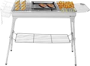 LEADZM Stainless Steel Charcoal Barbecue – Folding and Portable (100 x 31 x 71 cm Unfolded) – For 5-10 People – Ideal for Camping, Terrace & Outdoor