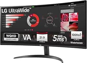 LG, 34 inch, UltraWide, 1800R Curved QHD Monitor, 3440 x 1440, 34WR50QK-B.AEU, 21:9, 5ms GtG, 100 Hz, HDR10, 99% sRGB, PBP Mode, OnScreen Control, AMD FreeSync - Black