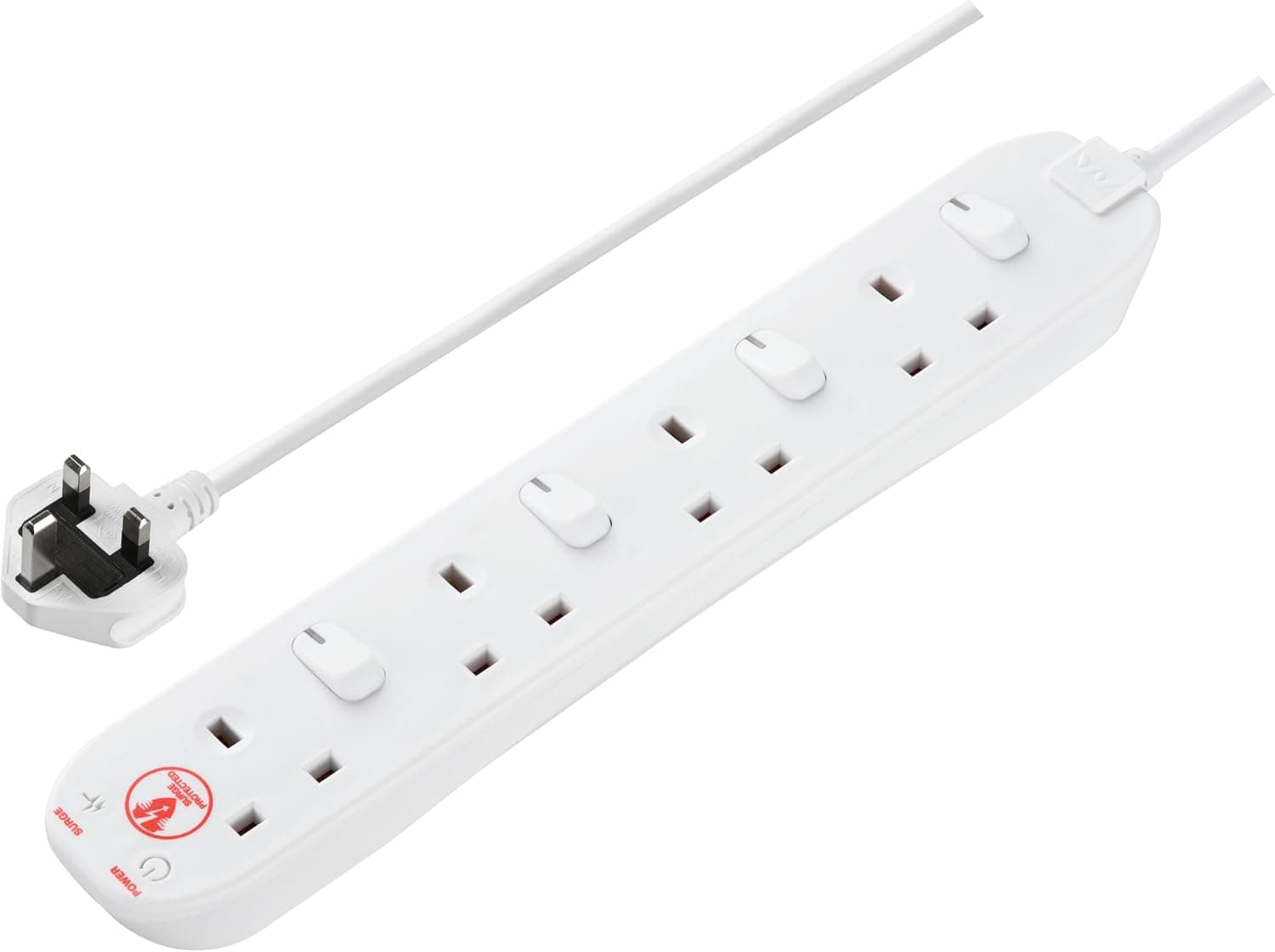 Masterplug Four Socket Extension Lead, 2 Metre Cable, Surge Protection, Individual Switches, Power and Surge LED Indicators, 4-Way Plug Extension Cable, Power Strip, White, 13A, 4G, 2m, SWSRG4210N