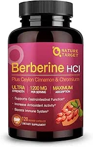 NATURE TARGET Berberine HCL 1200mg, Berberine Supplement with Ceylon Cinnamon, Chromium - Supports Immune, Gastrointestinal & Digestive Health, Non-GMO, 120 Capsules
