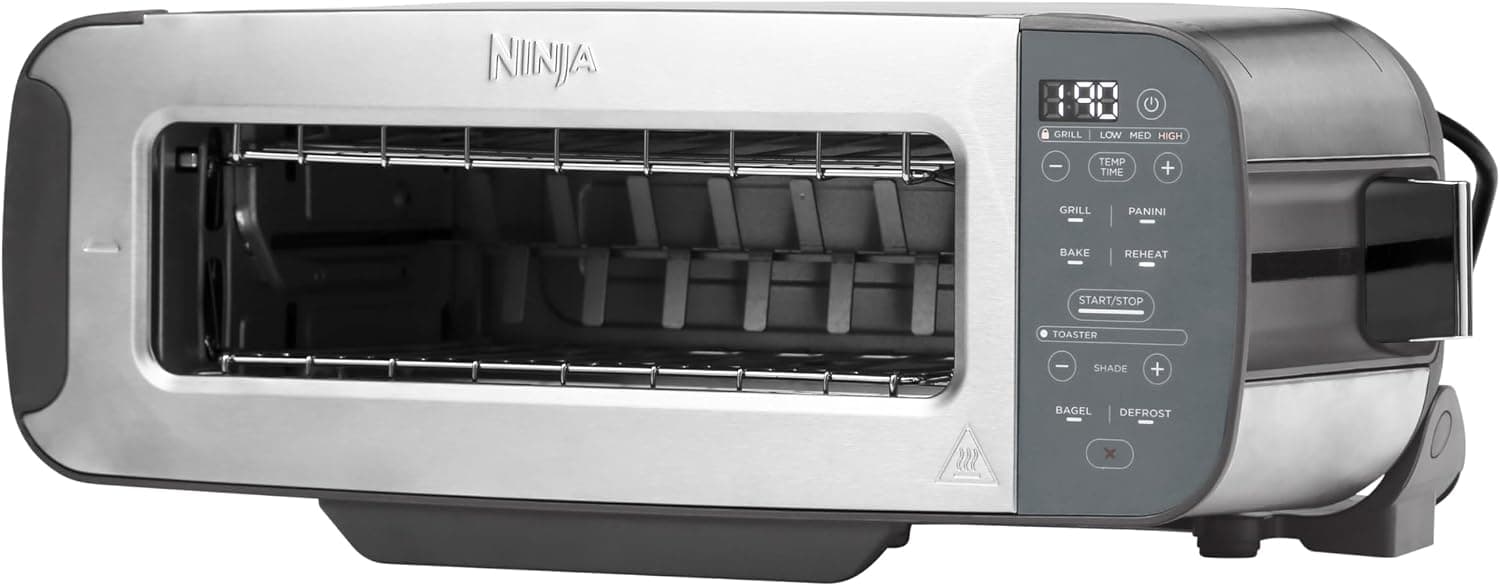 Ninja Foodi 3-en-1, Grille-Pain, Grill et Presse-panini, 7 Fonctions de Cuisson, inclut un Presse-panini, un Plateau de Cuisson et un Bac à Miettes, en Acier Inoxydable, ST202EU