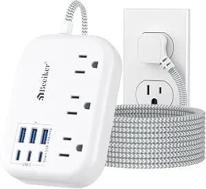 6 USB(3 USB C) Surge Protector Power Strip- Extension Cord 10 Ft with 24W USB Charging Station and 3 Outlets, Flat Plug Long Braided Extension Cord with Multiple Outlets for Home Office College Dorm