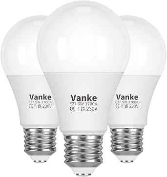 Vanke E27 Screw LED Bulb, Warm White 2700K Yellow Light, 60 Watts Equivalent, 9W ES Bulbs, Screw in Light Bulb, 806 Lumen, Non-Dimmable, Pack of 3